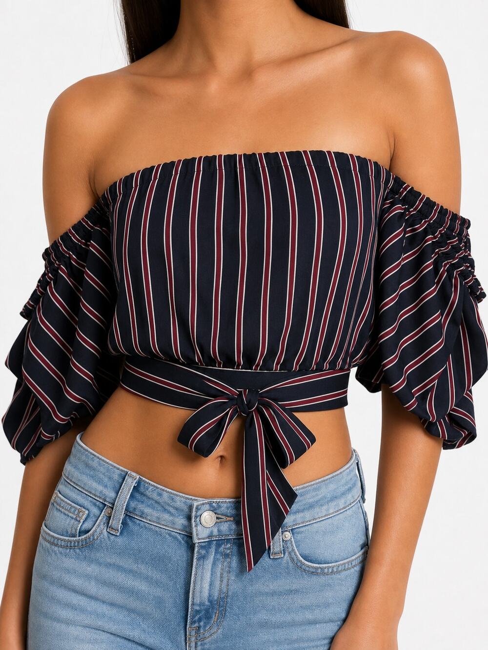 River Island Women Striped Bardot Off Shoulder Crop Top UK 6 US 2 or XS Sexy Top